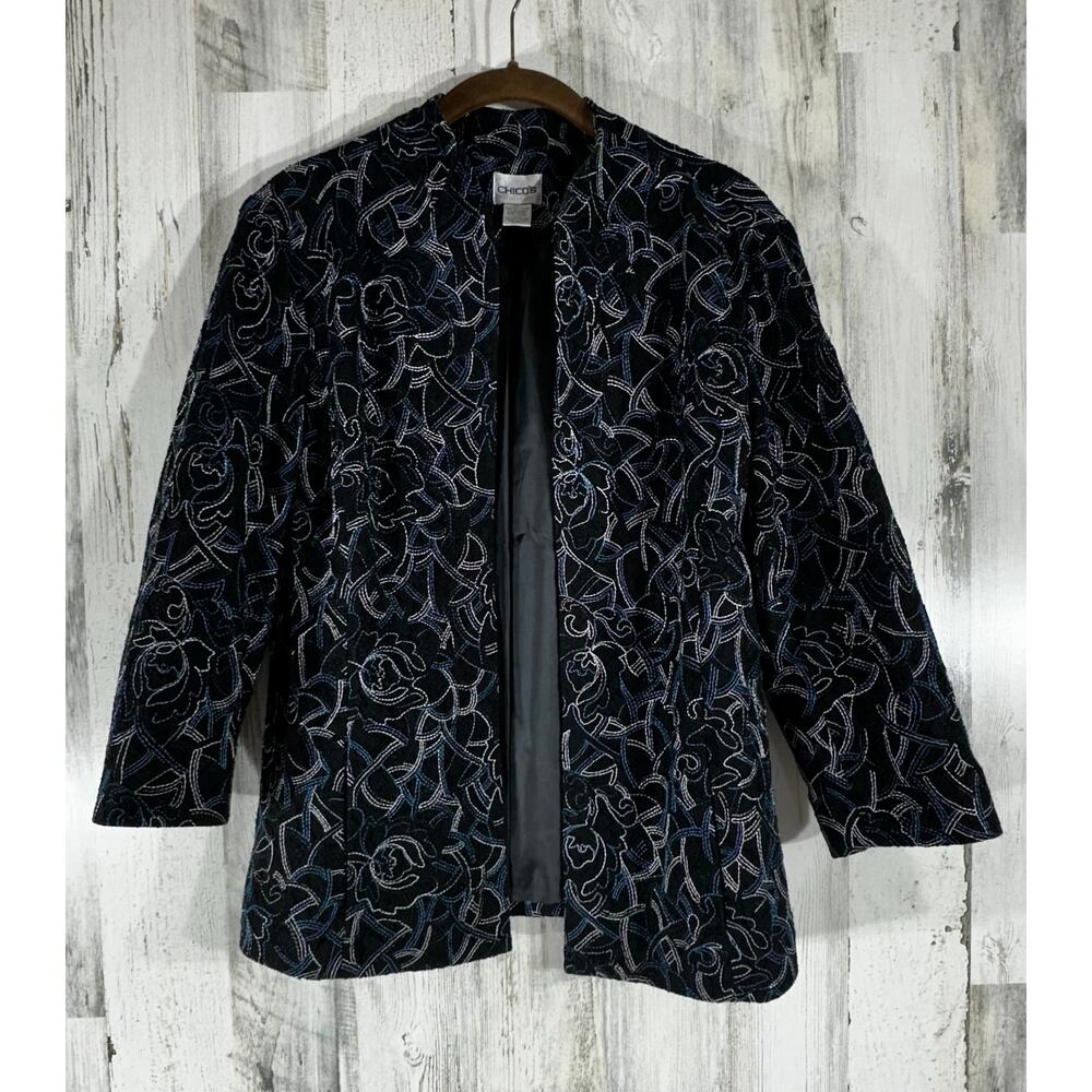 Chicos Jacket Size 1 Medium Black Lace White Blue Embroidery Open Front‎